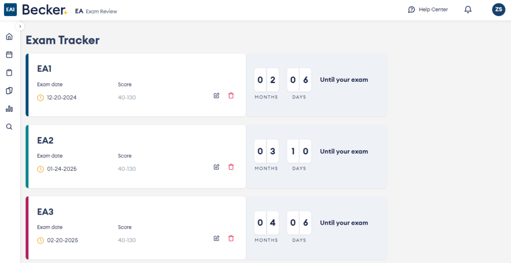 Becker EA exam tracker