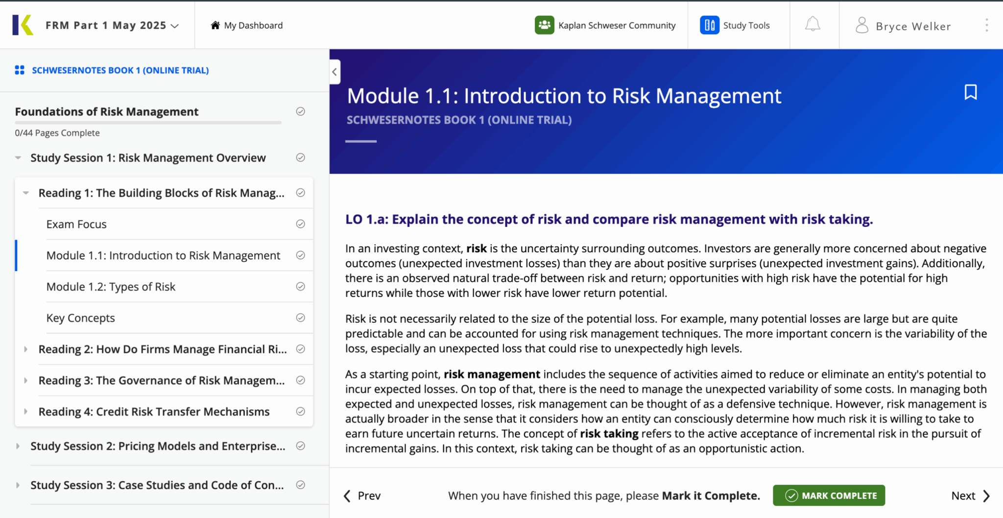 Kaplan FRM study modules