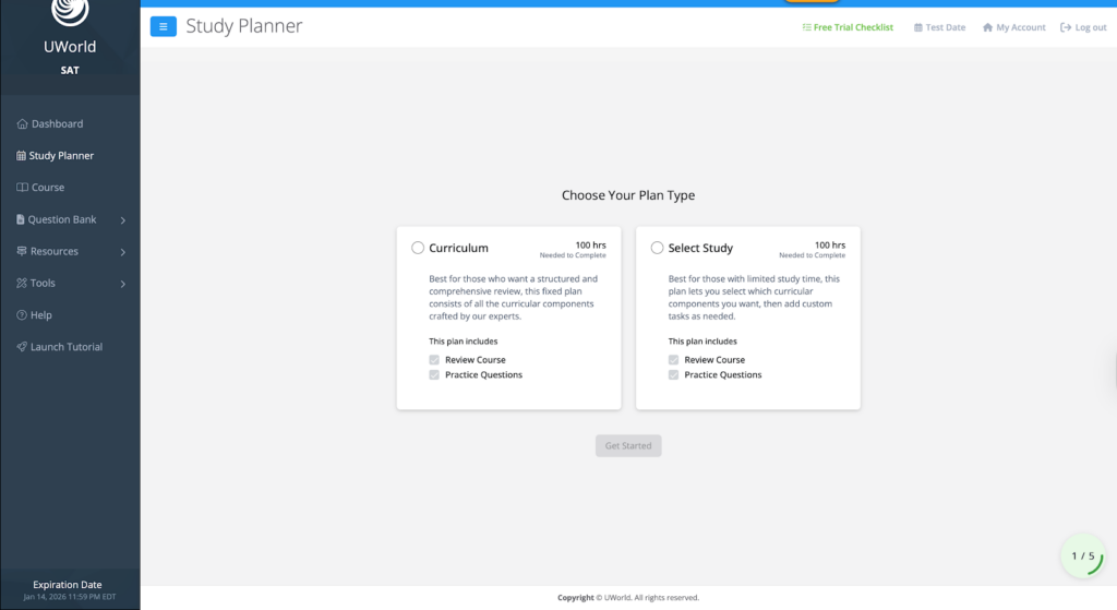 UWorld SAT study planner