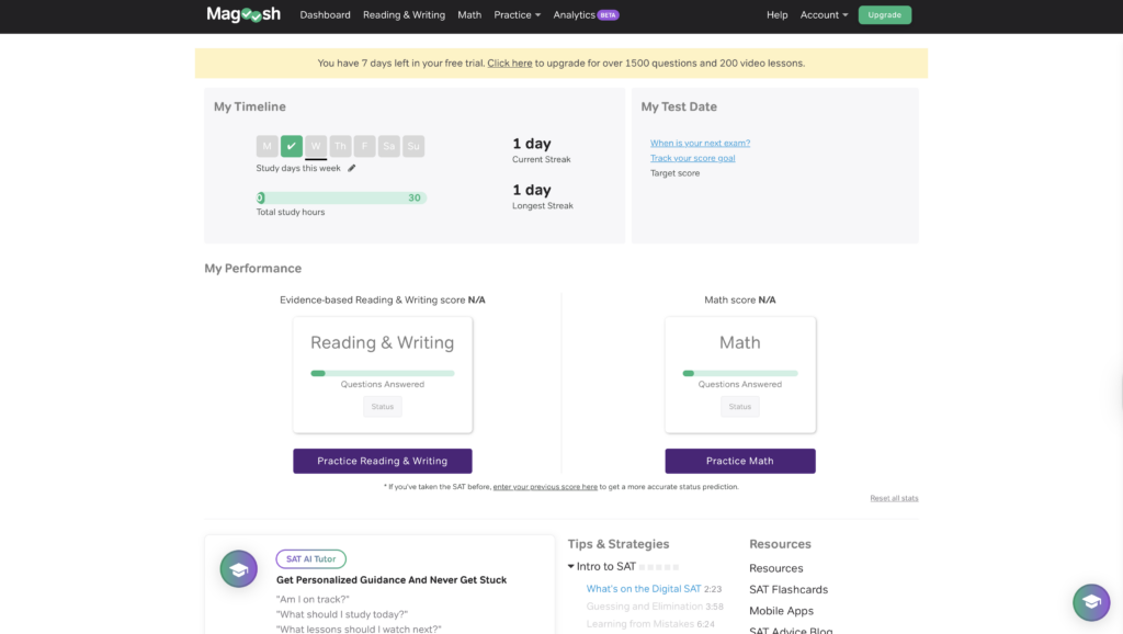 Magoosh SAT dashboard