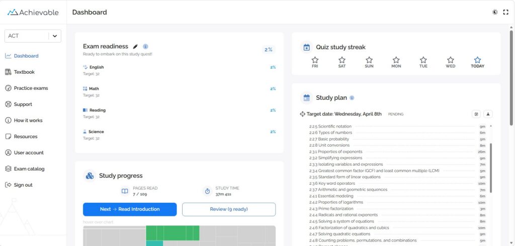 Achievable ACT prep study dashboard
