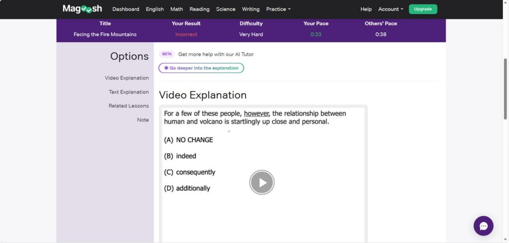 Magoosh ACT prep question explanation screen
