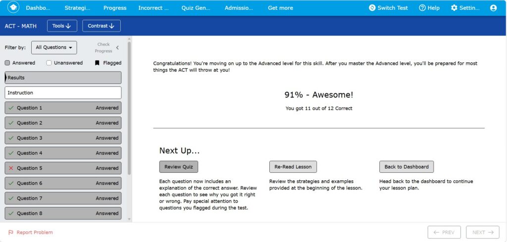PrepScholar ACT prep dashboard