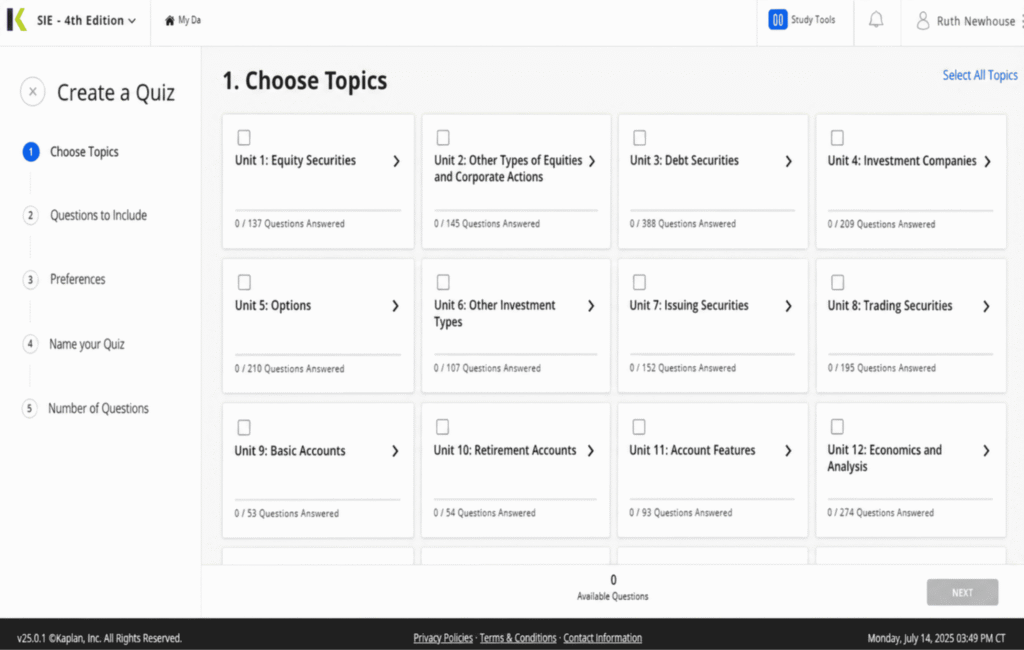 Kaplan Series 3 custom quiz dashboard with prior quiz scores
