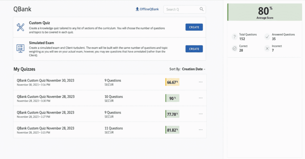 Kaplan QBank Custom Quiz Scores and Progress Tracker for Series 66