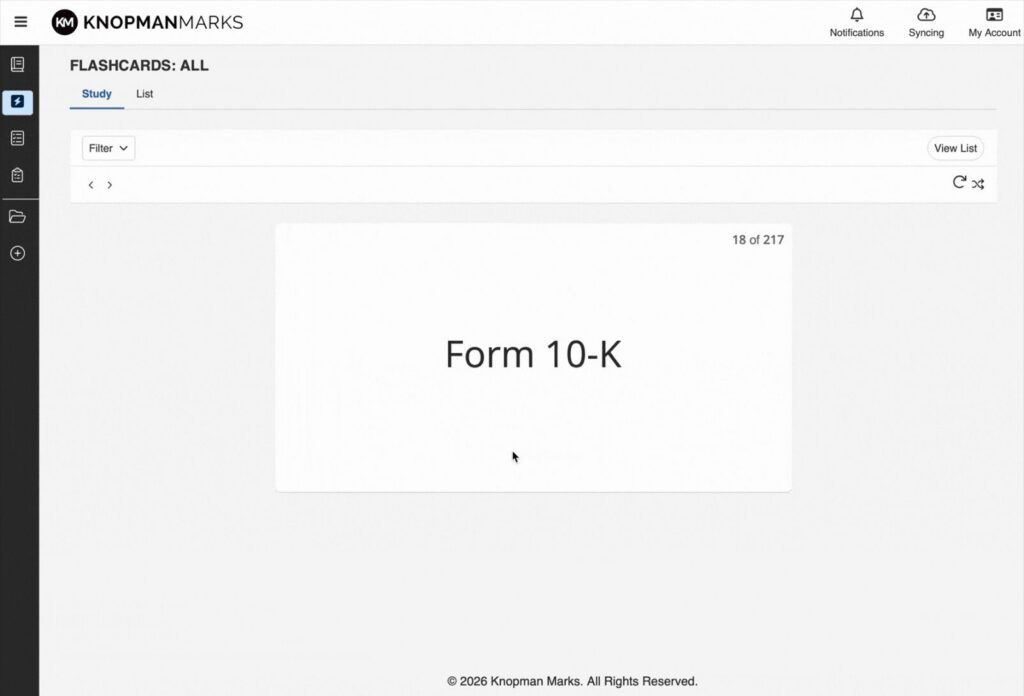 Knopman Marks flashcards showing Form 10-K card 18 of 217