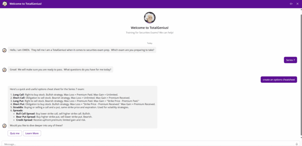 SIA TotalGenius AI tutor Series 7 options cheat sheet