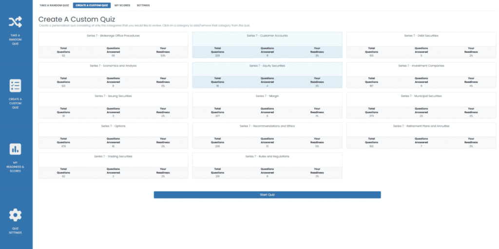 SIA Create A Custom Quiz feature with Series 66 topic readiness