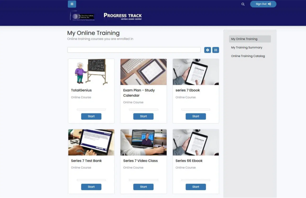 Securities Institute of America course dashboard