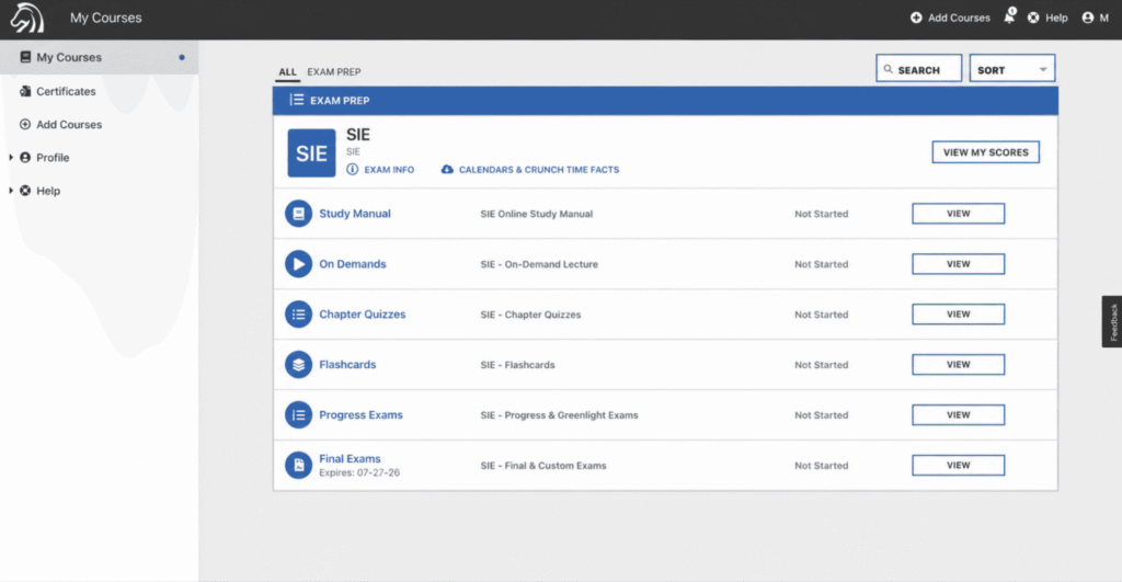 STC SIE student dashboard with study manual, On-Demand lectures, and progress exams