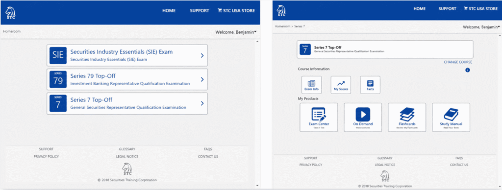 STC student dashboard Homeroom and Series 7 My Products study tools