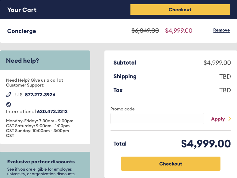 Becker cart showing Concierge discounted with the promo code field in the order summary above Checkout