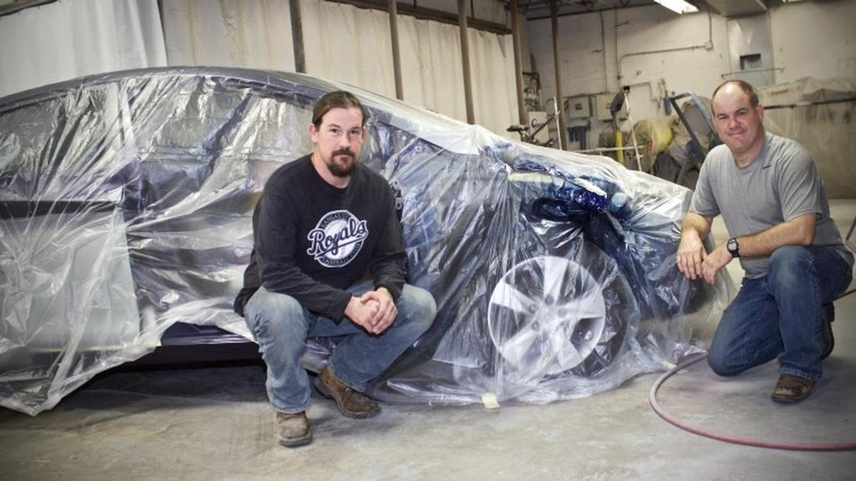 Pete, left, and Luke Pringle of Pringle Auto Body in Kansas City, Kan., have this 2011 Hyundai Elantra in their shop after it recently was involved in a collision with a deer.