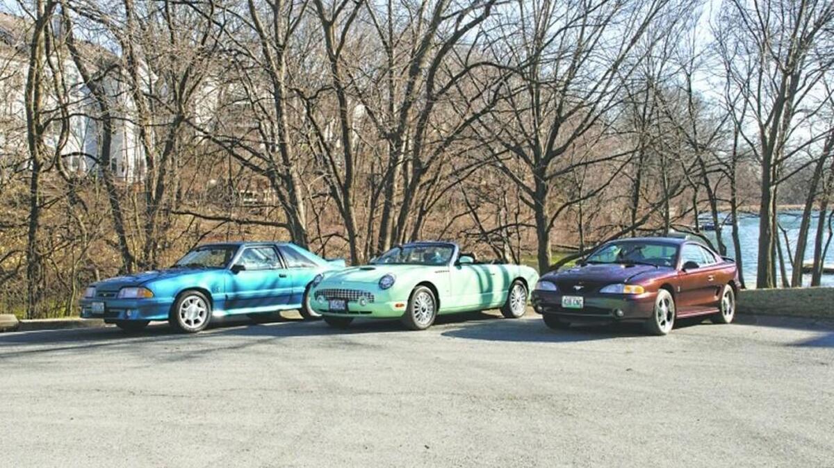 From left to right are Harry Rose’s three prized cars: a 1993 Mustang Cobra, a 2004 Ford Thunderbird and a 1996 Mystic Mustang Cobra.