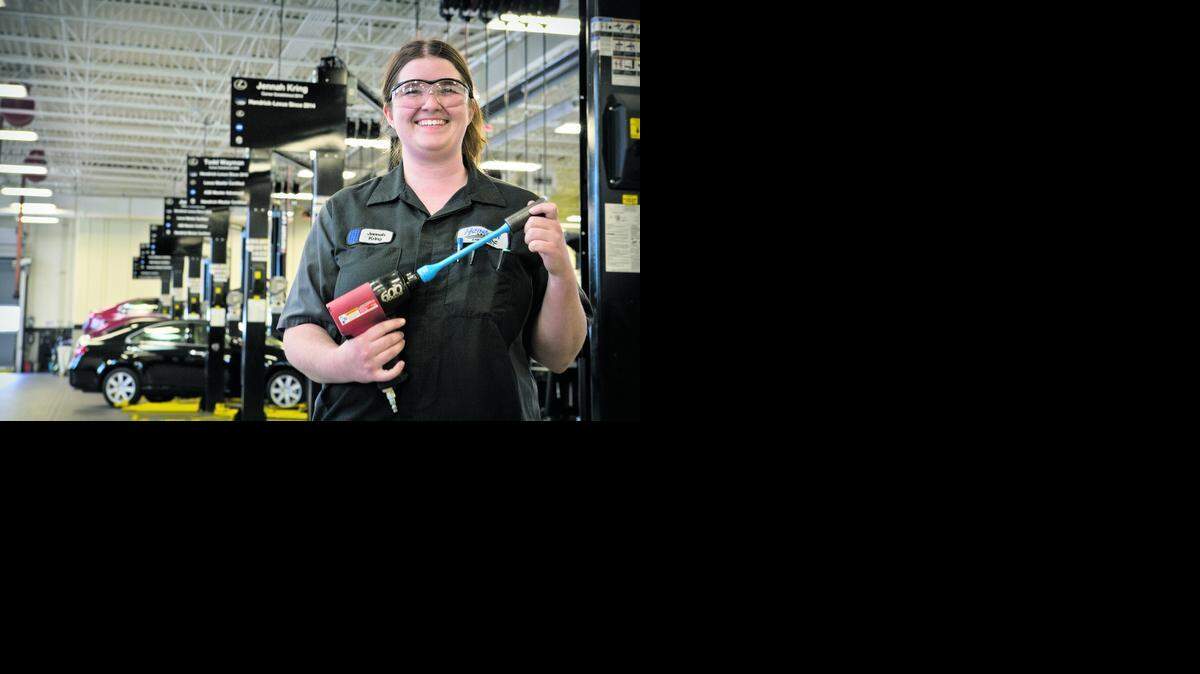 
For the last nine months, Jennah Kring has been learning how to become an automotive technician from two different sources: her classes at Johnson County Community College, and her job at Hendrick Lexus in Merriam. She graduates from JCCC this spring and recently moved up at Hendrick Lexus from apprentice to lube technician.
