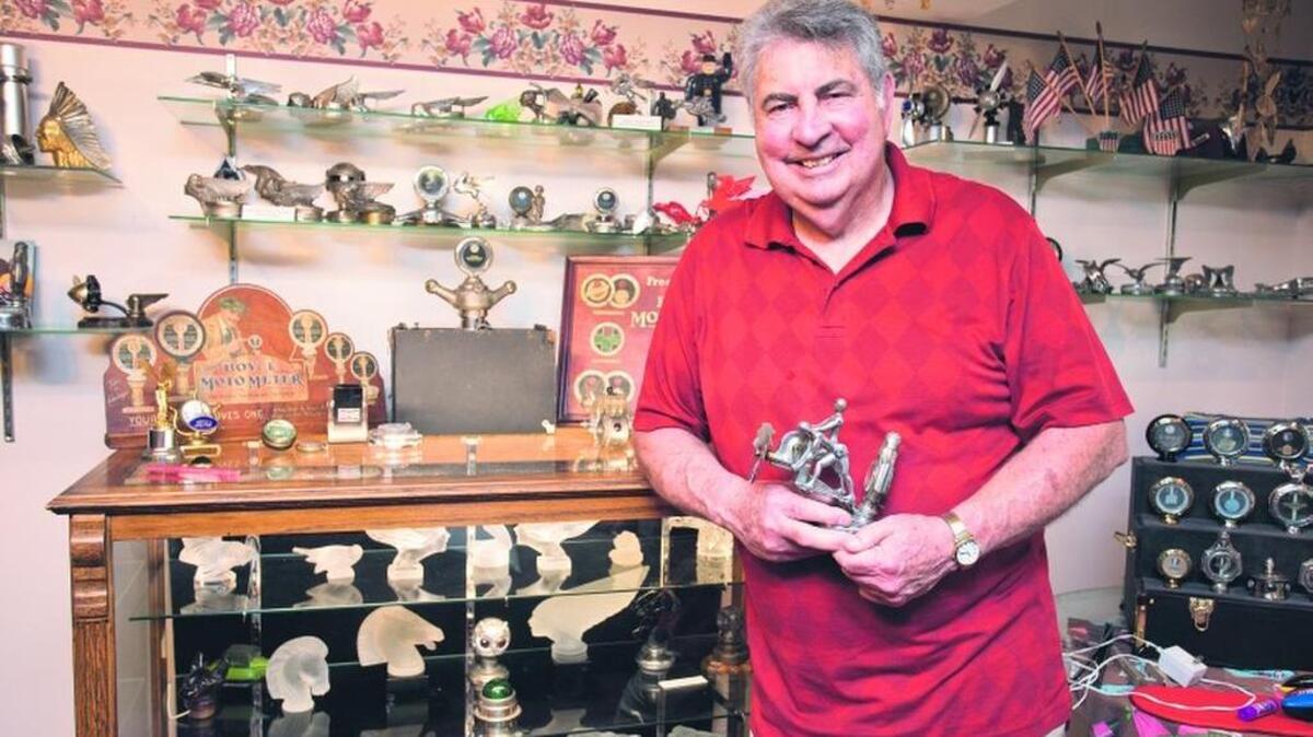 
George Deel started collecting hood ornaments in 1987 and the Boyce Moto Meters a few years later. His collection of more than 200 Moto Meters and 100 hood ornaments makes up a large portion of what he calls his museum, which takes up two rooms in his basement.
