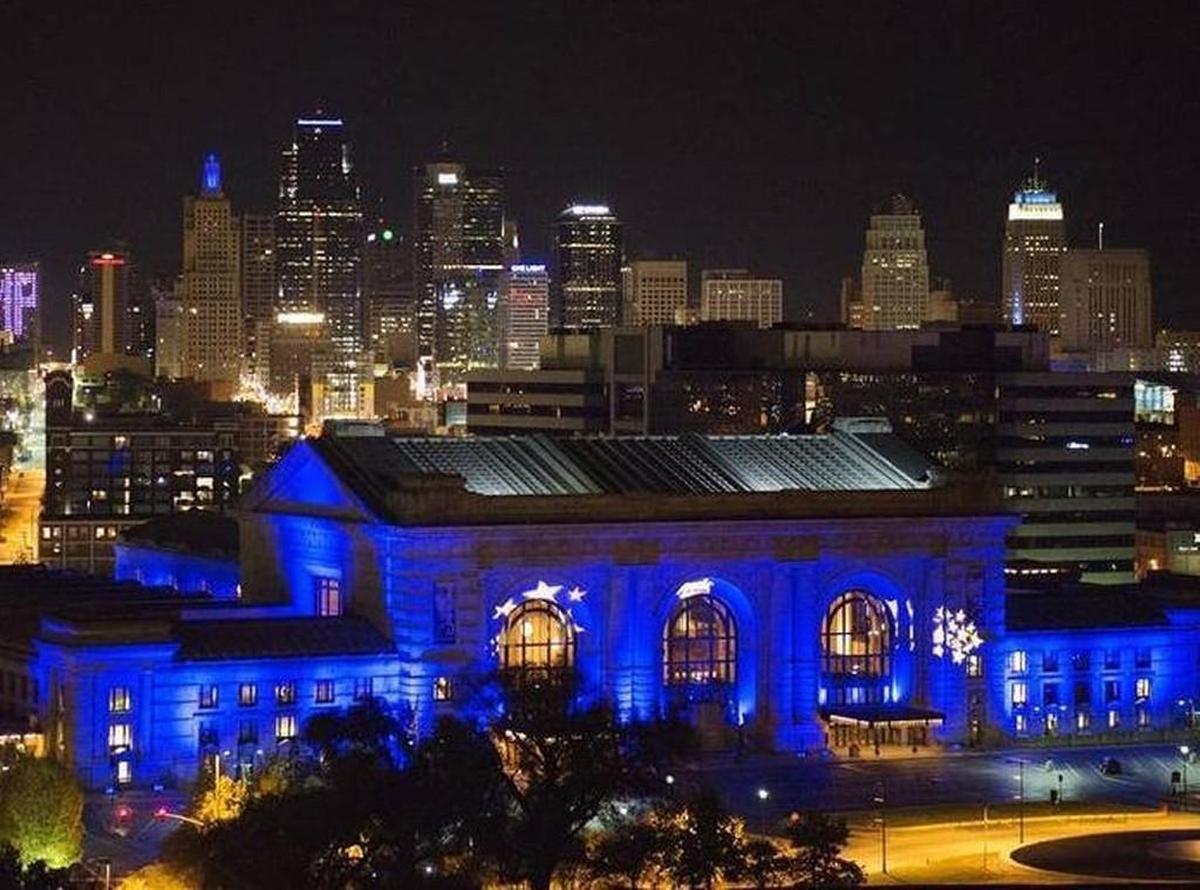 The downtown Kansas City skyline in blue after the Kansas City Royals beat the New York Mets in game 5 to win the World Series in 2015.