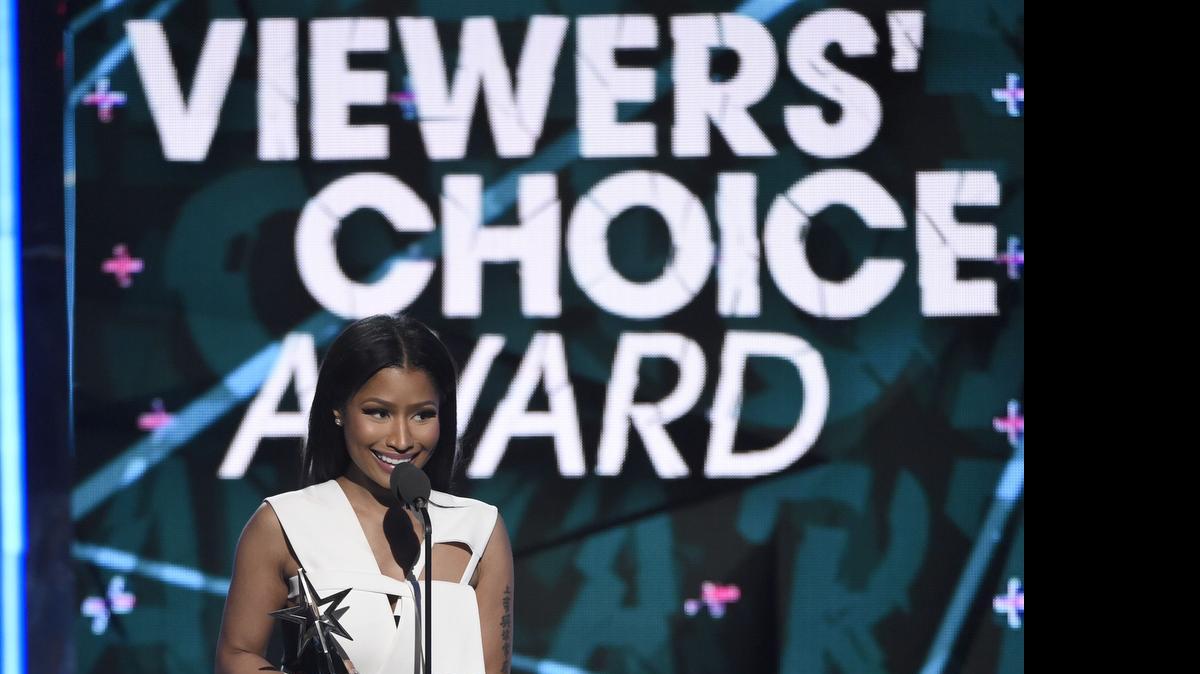 
Nicki Minaj accepts the Coca-Cola viewers choice award at the BET Awards at the Microsoft Theater on Sunday in Los Angeles
