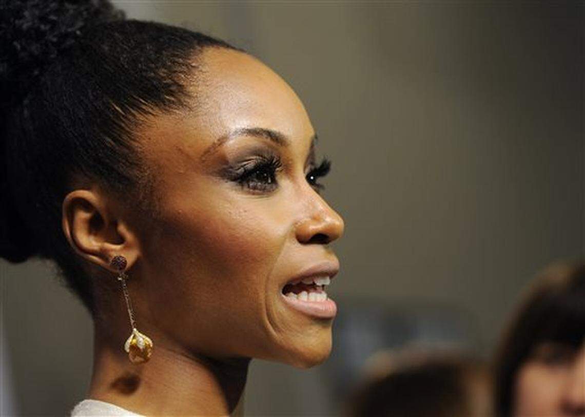 Yaya DaCosta, star of the Lifetime film “Whitney,” is interviewed at the premiere of the film at the Paley Center for Media on Tuesday, Jan. 6, 2015, in Beverly Hills, Calif. (Photo by Chris Pizzello/Invision/AP)