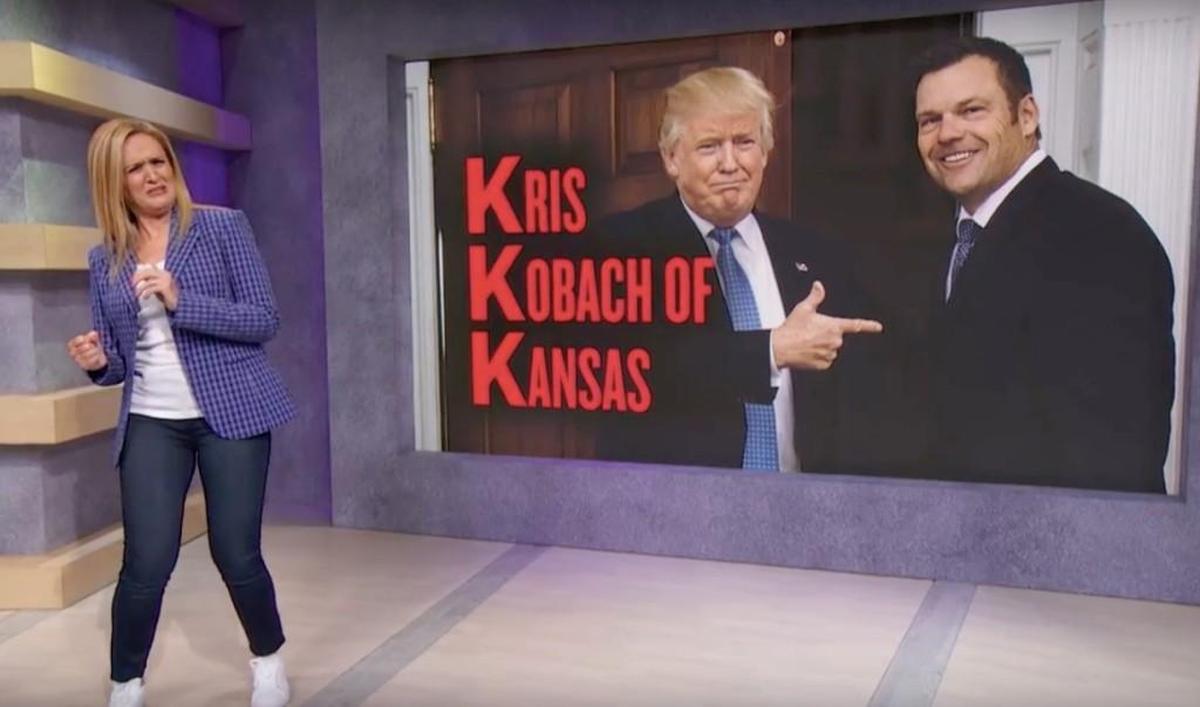 In a song-and-dance skit inspired by “The Music Man,” comedian Samantha Bee, host of TBS’ “Full Frontal with Samantha Bee,” savaged Kansas Secretary of State Kris Kobach on Wednesday.