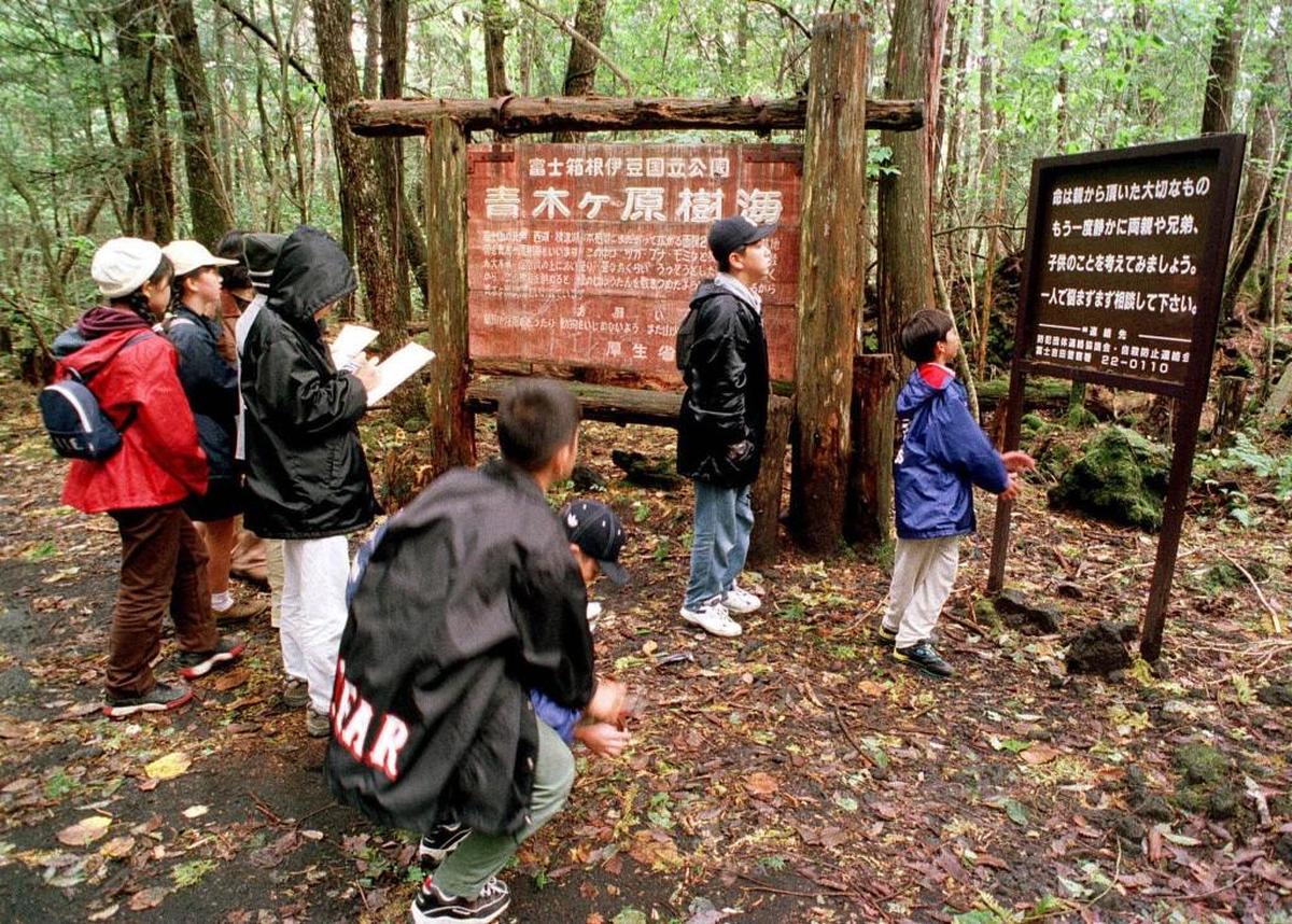 In this 1998 photo, a group of schoolchildren read signs posted in the dense woods of the Aokigahara Forest at the base of Mount Fuji, Japan.