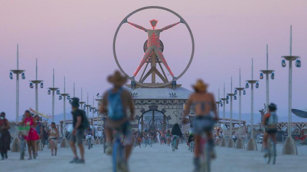 The Burning Man effigy, modeled after the Leonardo da Vinci Vitruvian Man, stood above the playa last week during Burning Man at the Black Rock Desert north of Reno, Nev.