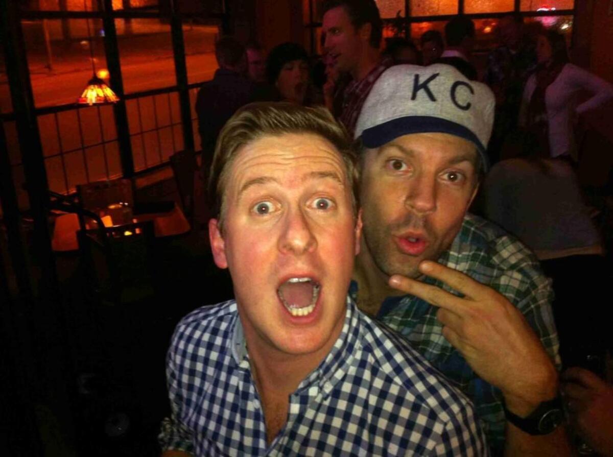 Billy Brimblecom (left) and Jason Sudeikis met in Kansas City in the 1990s at an improv troupe workshop and have been pals ever since. Here they are in 2012.