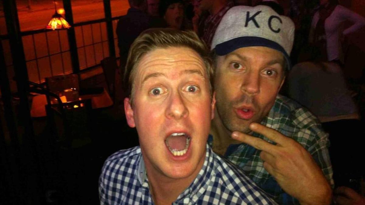 Billy Brimblecom (left) and Jason Sudeikis met in Kansas City in the 1990s at an improv troupe workshop and have been pals ever since. Here they are in 2012.