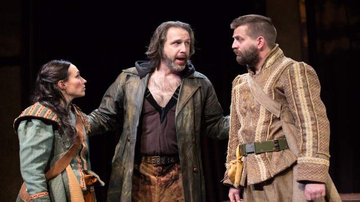 
Rosencrantz (Vanessa Severo, left) and Guildenstern (Rusty Sneary, right) encounter the Player (Brian Paulette) in Tom Stoppard’s “Rosencrantz and Guildenstern Are Dead.”
