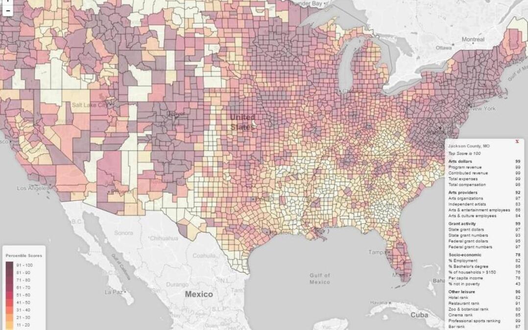 Screenshot of the heat map showing the country’s highly active and supported arts communities.
