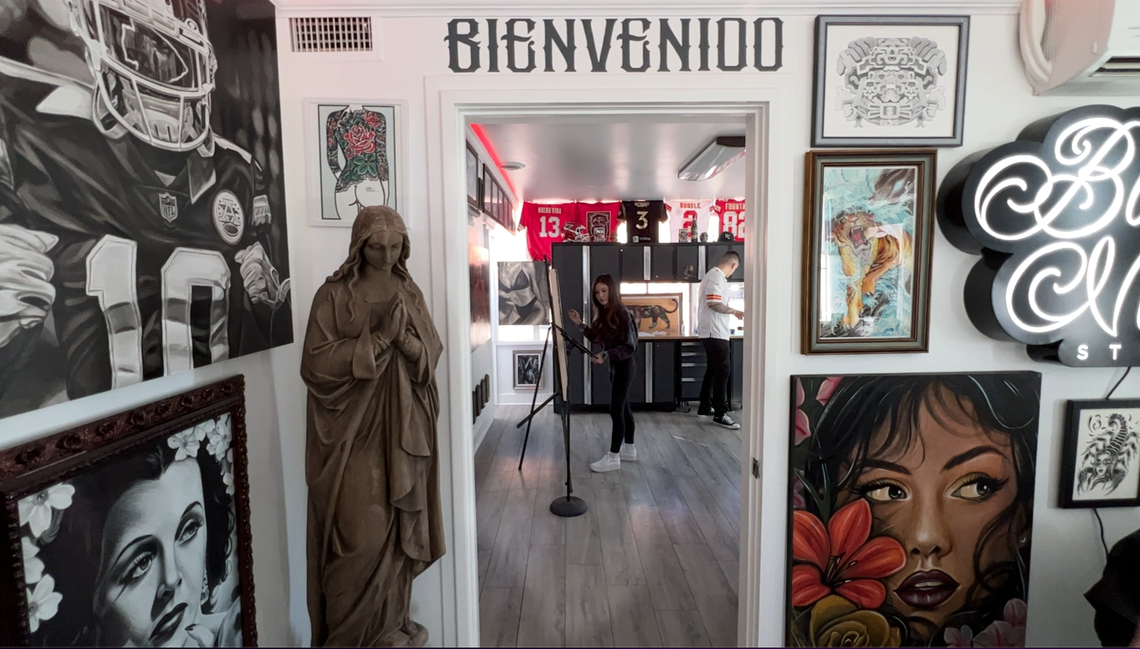 Kansas City artist Gabriel Uvario and his girlfriend, Reeka Garcia, work together in his tattoo studio, Buena Vida, on Broadway Boulevard above Woody’s KC. Uvario, a Sedalia native, has been there about 2 1/2 years.