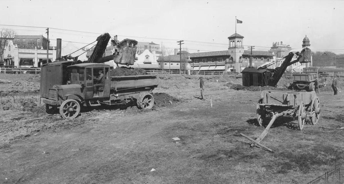 The Plaza theater under construction; Wolferman’s grocery is under the small tower in the background.