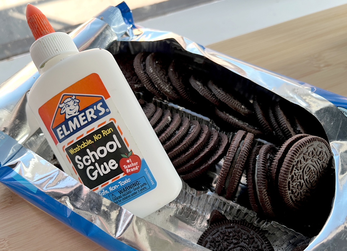 Tools of the trade for Kansas City artist Gabe Uvario: a pack of Oreo cookies and Elmer’s glue.
