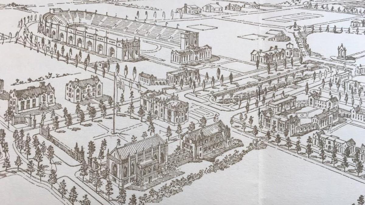 This artist’s rendering shows planners’ grand vision for the proposed Lincoln and Lee University, which would have been located at 75th Street and State Line Road.