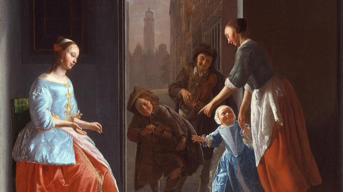 “Street Musicians at the Door” (1665), by Jacob Ochtervelt (1634–1682) is part of the Nelson-Atkins Museum of Art’s “Reflecting Class in the Age of Rembrandt and Vermeer.”