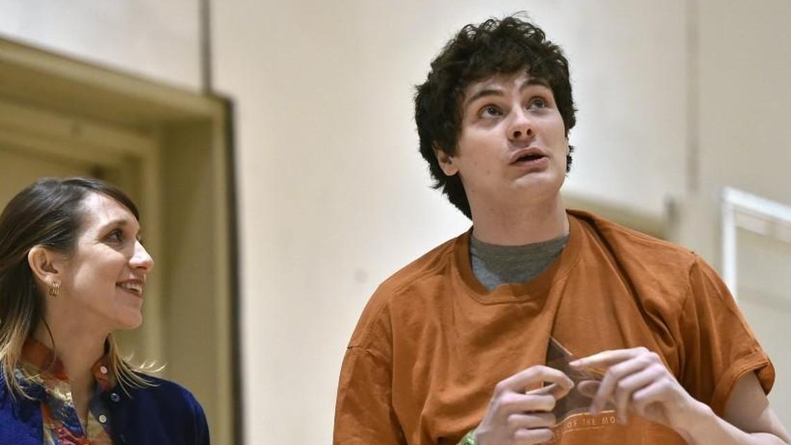 Jamie Sanders, who is making his professional stage debut in the Kansas City Repertory Theatre’s production of “The Curious Incident of the Dog in the Night-Time,” has Tourette’s syndrome. Sanders (right) plays the character Christopher, who is autistic. Sanders rehearses a scene with Bree Elrod, who plays Siobhan.