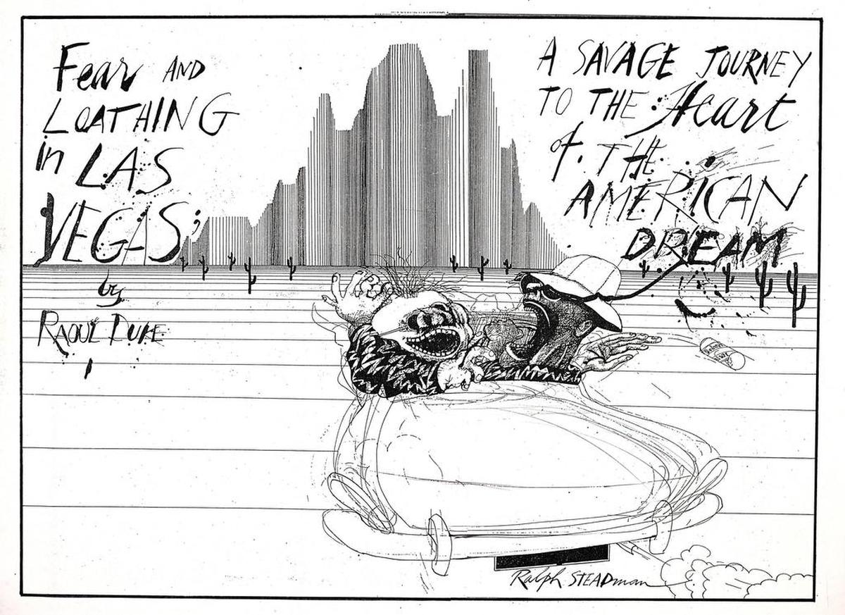 Ralph Steadman’s “Fear and Loathing in Las Vegas by Raoul Duke” illustrates Hunter S. Thompson’s drug-filled odyssey with lawyer Oscar Zeta Acosta. It’s on display at the Kansas City Central Library.