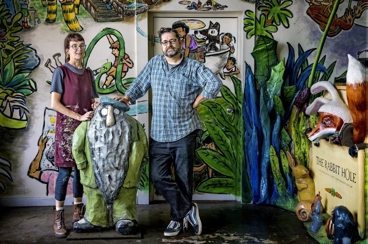 Deb Pettid and husband Pete Cowdin co-founded the Rabbit Hole, a Kansas City nonprofit organization that celebrates and inspires the reading life of children and adults. They had a temporary workshop on Southwest Boulevard decorated with sculptures of famous storybook characters and a mural of the Rabbit Hole’s future Explorastorium.