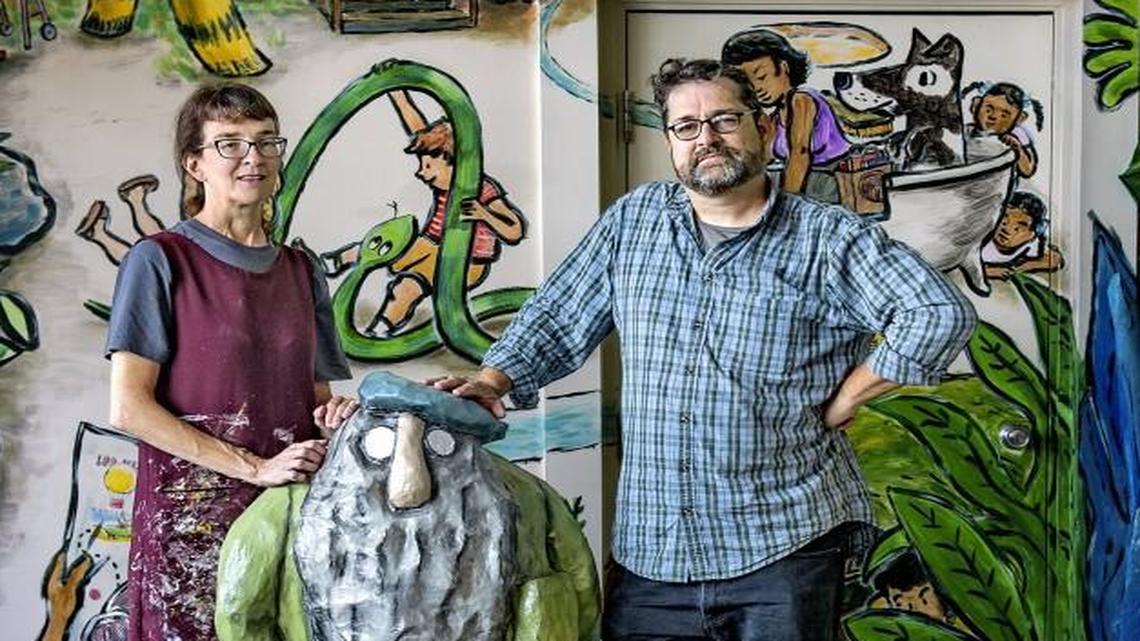 Deb Pettid and husband Pete Cowdin co-founded the Rabbit Hole, a Kansas City nonprofit organization that celebrates and inspires the reading life of children and adults. They had a temporary workshop on Southwest Boulevard decorated with sculptures of famous storybook characters and a mural of the Rabbit Hole’s future Explorastorium.