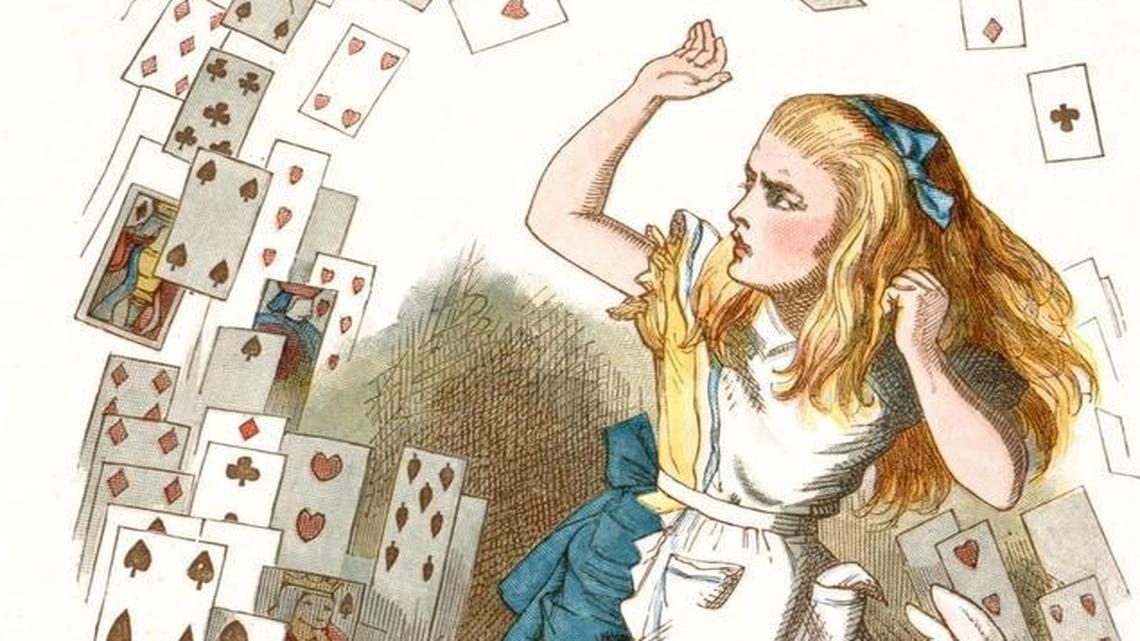 
Among Alice’s many adventures: A pack of playing cards flies in for the attack.
