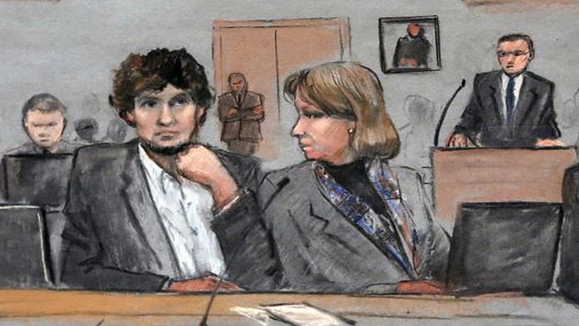 
Dzhokhar Tsarnaev (center, seen this March 5 courtroom sketch the day after his trial opened in Boston) is one subject of Masha Gessen’s new book, “The Brothers: The Road to an American Tragedy.” 
