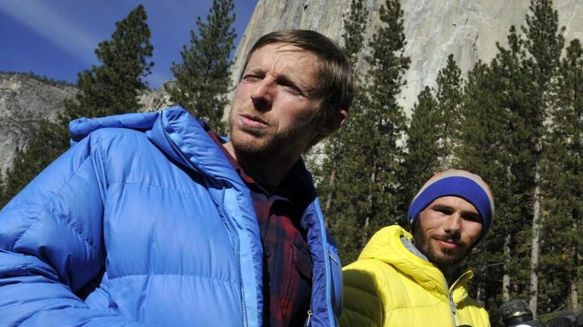 Tommy Caldwell (left) and Kevin Jorgeson met with the press Jan. 15, 2015, the day after they became the first to free-climb El Capitan’s Dawn Wall.