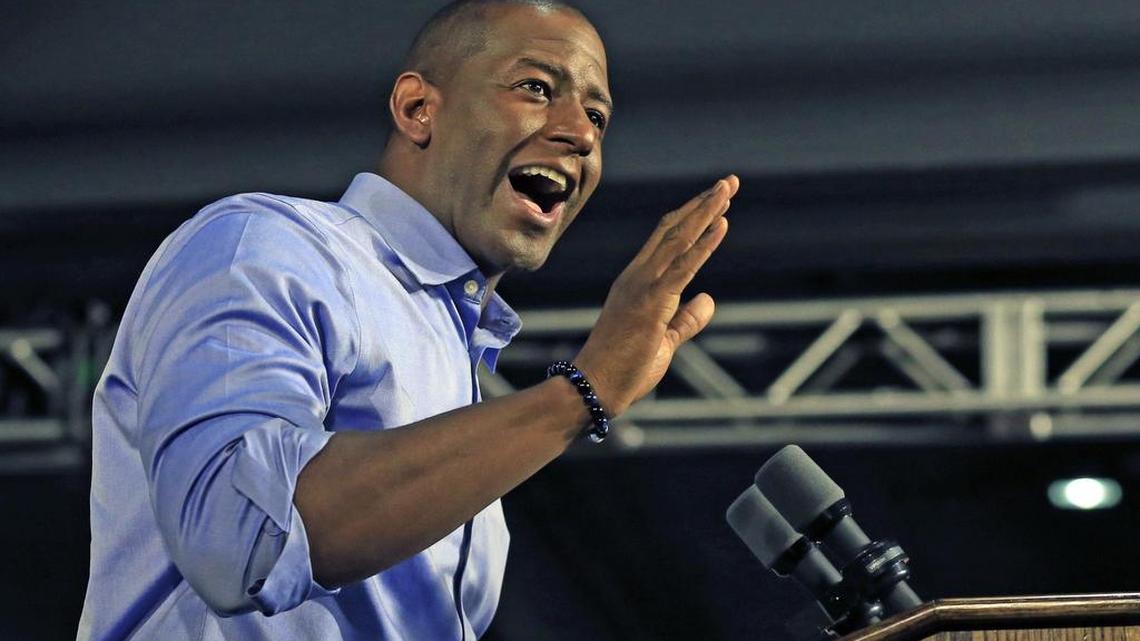 A vibrant Andrew Gillum, then Democratic nominee for Governor of Florida, speaks during campaign rally in Miami at Ice Palace Films Studios on Friday, Nov.r 2, 2018.