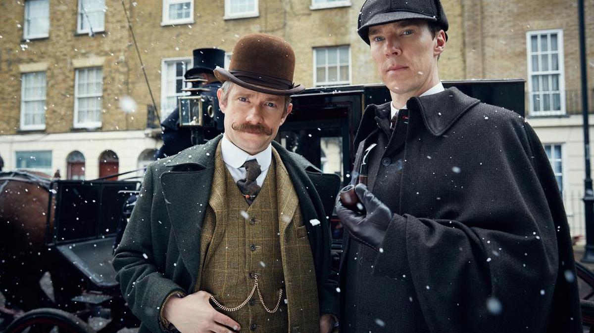 “Sherlock” co-stars Martin Freeman (left) and Benedict Cumberbatch normally portray Watson and Holmes in present-day London. But the two will reprise their roles in a movie set in the 1890s. It is airing on PBS Jan. 1.