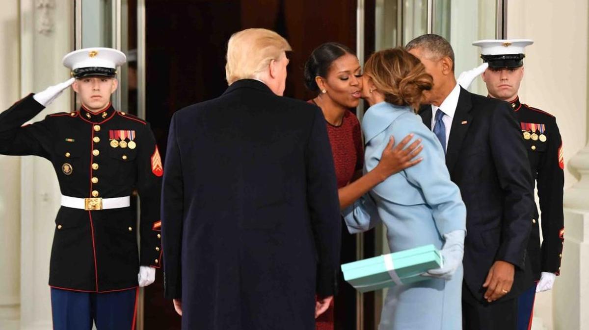 President Barack Obama and Michelle Obama greeted President-elect Donald Trump and wife Melania at the White House for tea before the inauguration on January 20, 2017, in Washington, D.C.