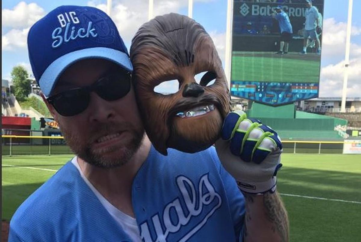 “American Idol” alum David Cook of Blue Springs clowned around with a Chewbacca mask during the Big Slick celebrity softball game at Kauffman Stadium on Friday.