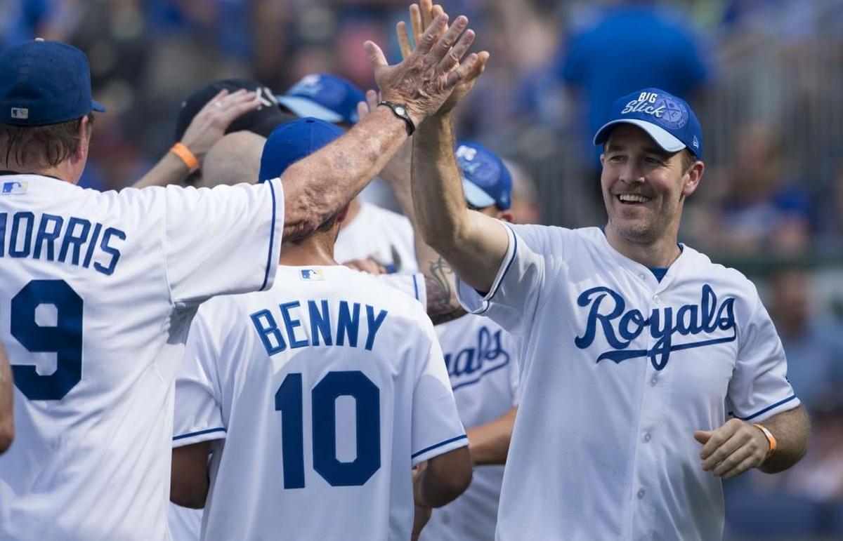 James van der Beek celebrated an inside-the-park home run during a Big Slick celebrity softball game at Kauffman Stadium.