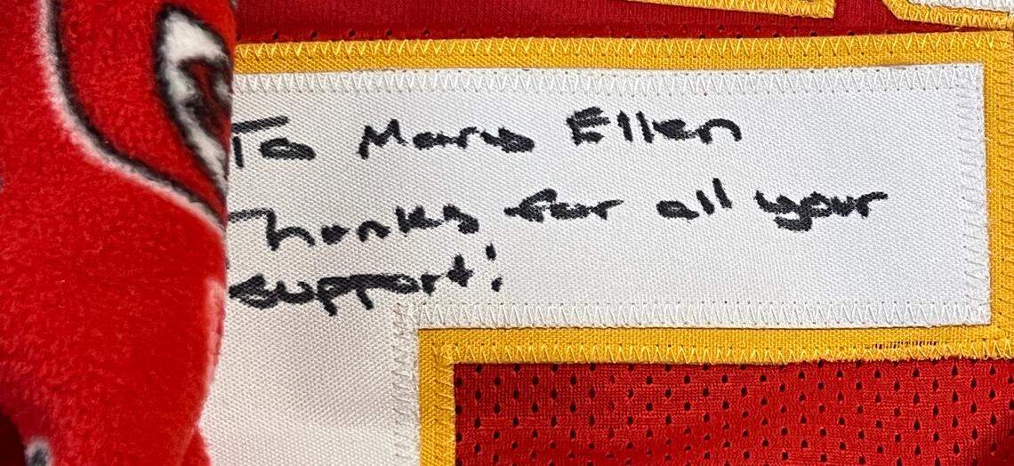 One of Mary Ellen Purucker’s most prized possessions is this autographed jersey from Kansas City Chiefs quarterback Patrick Mahomes.