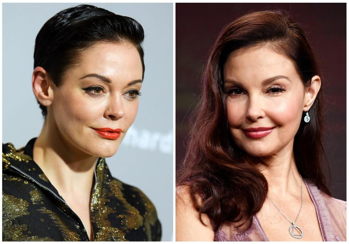 This combination photo shows actors Rose McGowan at a premiere in Los Angeles in April 2015 (left) and Ashley Judd in Beverly Hills in July 2017.