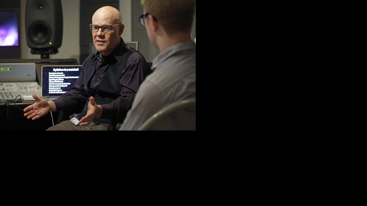 
Thomas Dolby speaks with students in his class, "Sound on Film,” at Johns Hopkins University's Peabody Institute music conservatory in Baltimore. 
